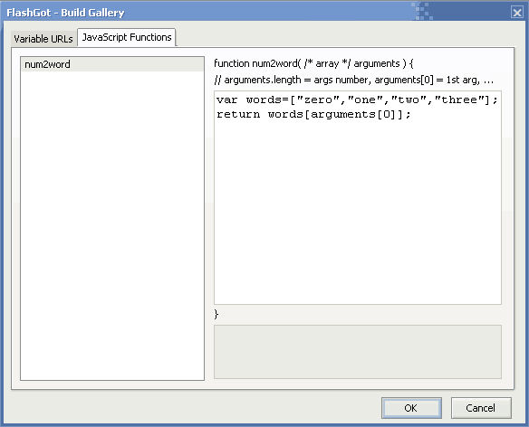 The JavaScript functions tab of the "Build Gallery" dialog